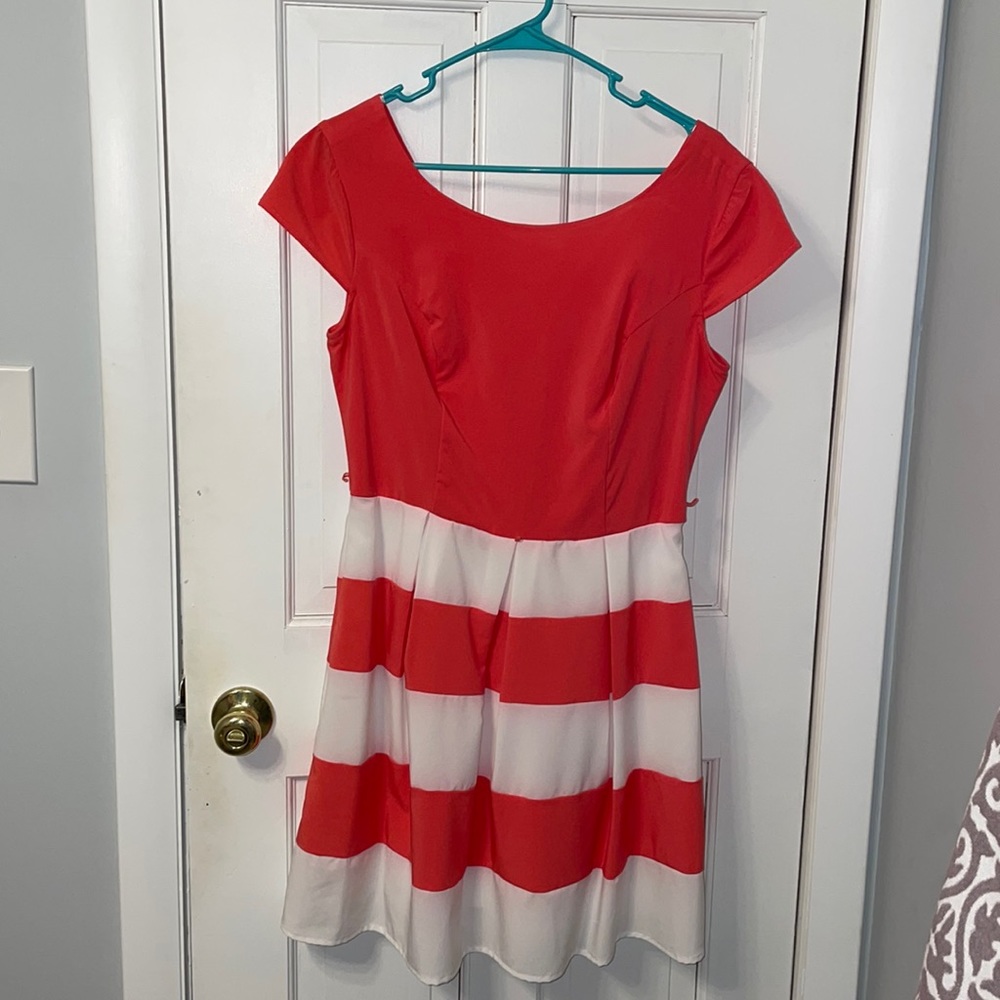 Coral and white fit and flare dress